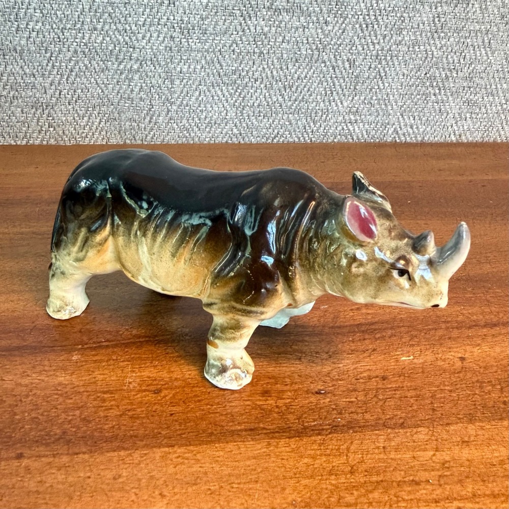 Vintage Ceramic Rhinoceros Figurine High Gloss Glazed Brown Rhino Made in Japan